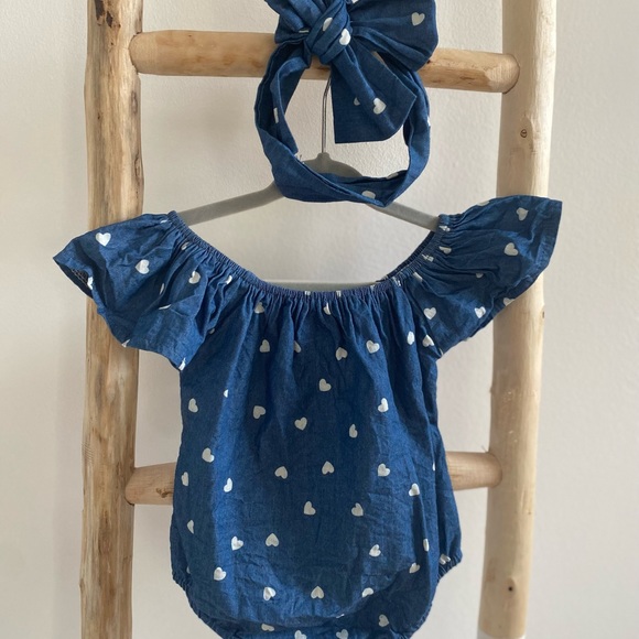 Denim baby / infant boho romper with matching tie - Picture 3 of 3